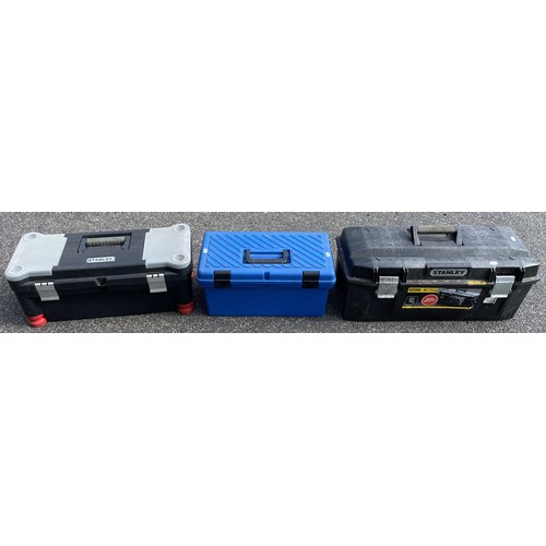 29 - Three large tool boxes having, Stanley saws, Elliot Lucas pincers and other items.