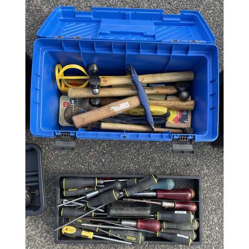 29 - Three large tool boxes having, Stanley saws, Elliot Lucas pincers and other items.