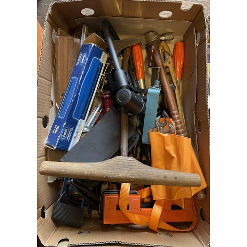 44 - Four boxes of mixed tools, to include, branch lopper, foot pump, and wooden planes amongst other ite... 