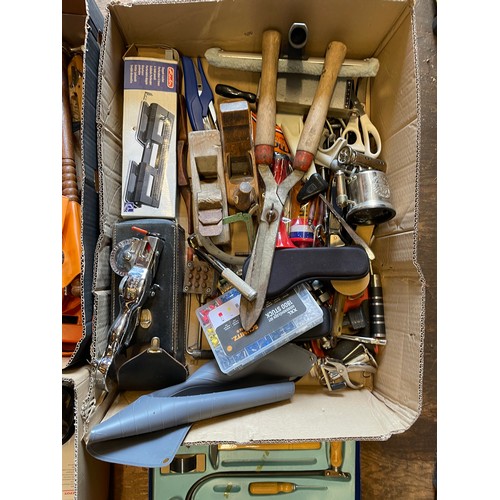 44 - Four boxes of mixed tools, to include, branch lopper, foot pump, and wooden planes amongst other ite... 