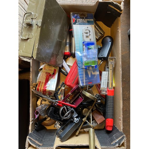 45 - Four boxes of mixed tools and hardware to include small power tools, carpenters chisels, and stapler... 