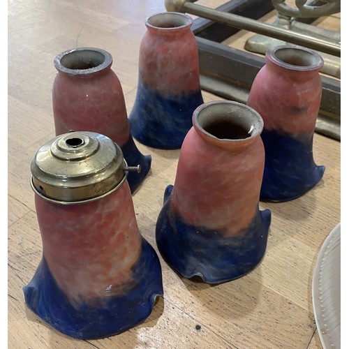 52 - A collection of salvage to include two fire place fenders (longest being 138cm), six holophane style... 