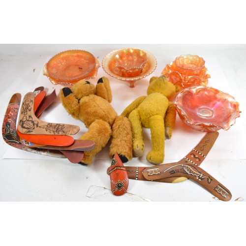 54 - A collection of homewares to include marigold carnival glass, wooden and paper mache trinket boxes, ... 