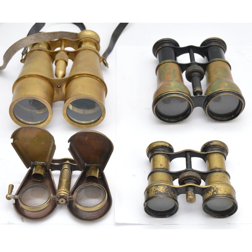 Four pairs of late 19th century and later binoculars, to include a brass 'Hip Flask' folding pair unmarked and three other unmarked examples.