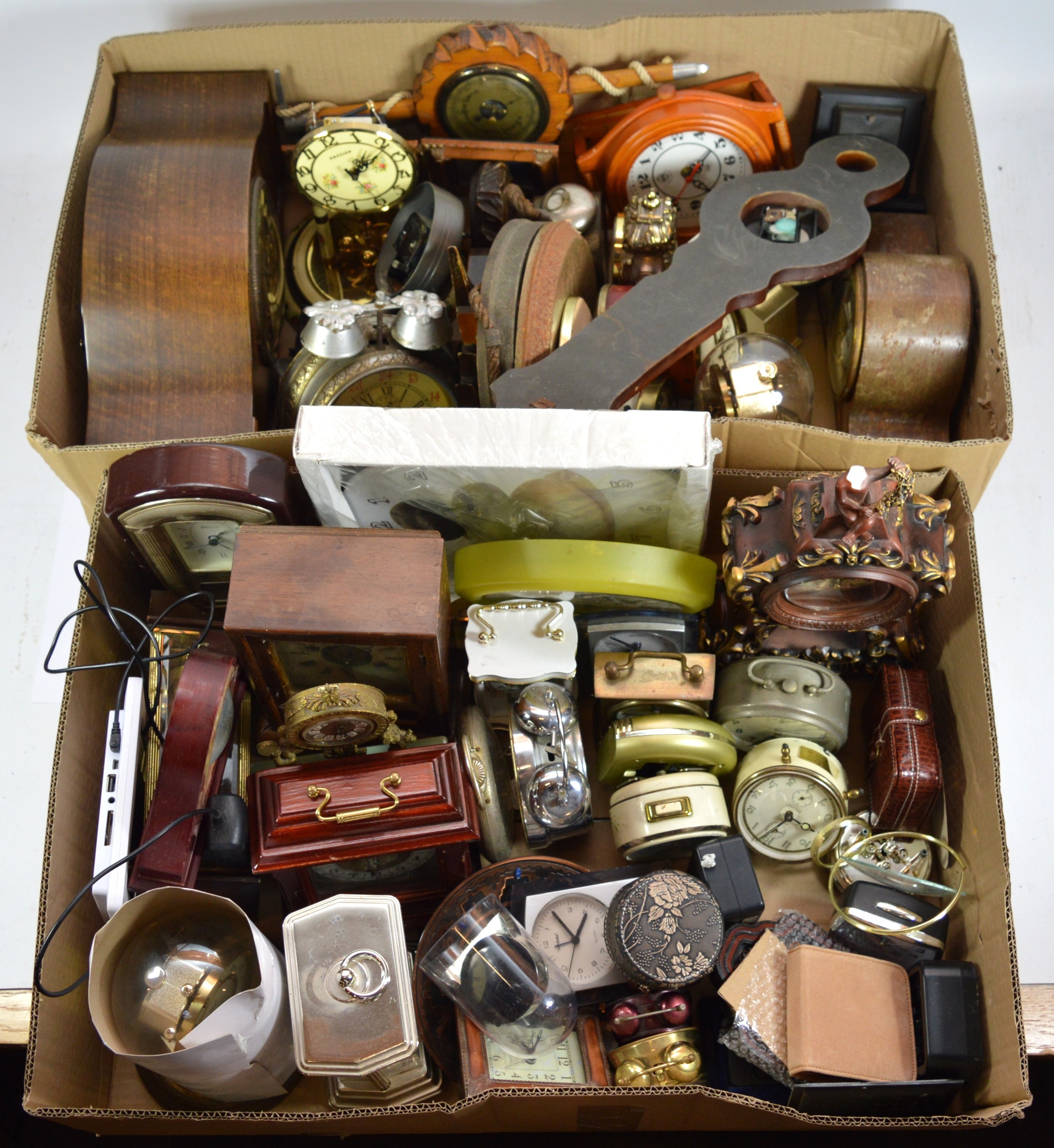 Two boxes of mid 20th century and later mantel clocks, bedside alarm ...