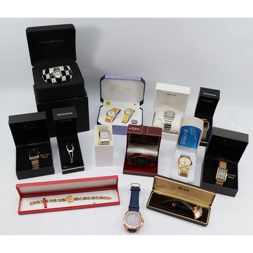 A collection of 14 boxed quartz fashion gentleman's wristwatches. (1 box)
