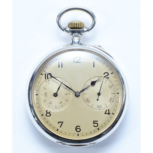 WWII German Third Reich Kriegsmarine Beobachtungsuhr/Navigation Desk silver open face, keyless wind, pocket watch, c.1944, by A. Lange & Söhne Glashütte. I. Sa, the off white dial with Arabic numerals, subsidiary dials for power reserve and seconds, case stamped 0.900, signed movement numbered twice 200984, inner and outer case numbered 984, signed dust cover numbered 200984, outer case engraved with the Reichsadler Eagle, 200984, M 5774, I.Kl, wood case.