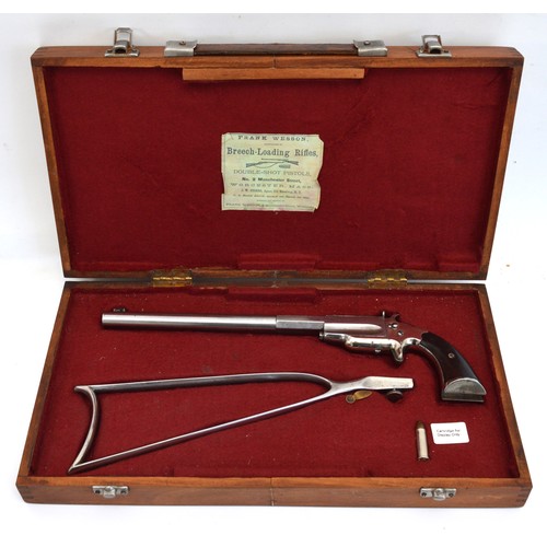 A late 19th century Frank Wesson model 1870 .32 rimfire pocket rifle, inscribed 'Frank Wesson Worcester, Mass. May 31. 1870', medium frame with octagonal barrel, two stage sighted, wooden gripped handle, patented 1215, complete with its skeleton shoulder stocking, patented 1208 with its fitted case, total length with stocking 64cm and barrel length 27cm.