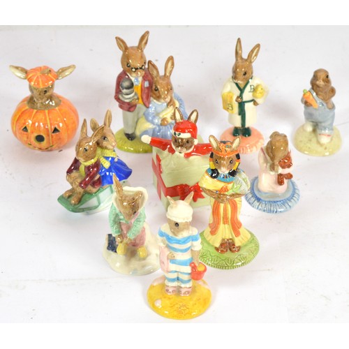 Royal Doulton Bunnykins series, a collection of ten polychrome glazed porcelain anthropomorphic figurines, includes various scenes and professions, circa 1980s/90s.