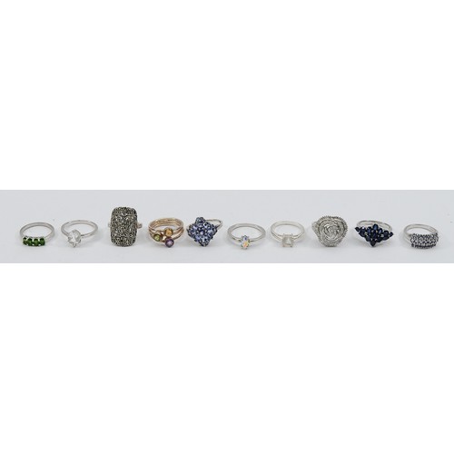 Ten 925 silver gemset rings, M-S, 36g