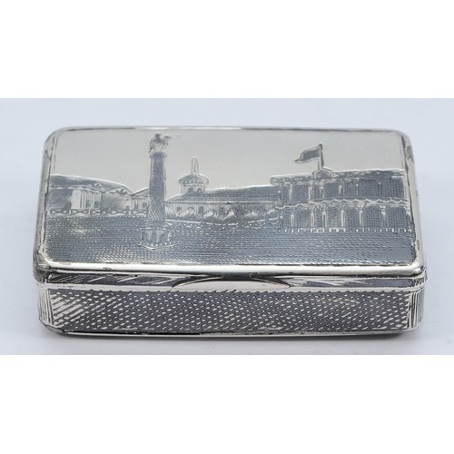 A Russian silver snuff box, stamped B.C, 1878, with niello engraving of ...
