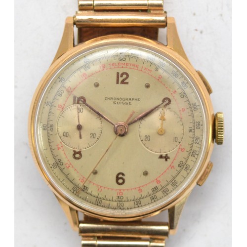 A Swiss 18K gold manual wind two button chronograph gentleman's wristwatch, two subsidiary dials, unsigned movement, metal dust cover, rolled gold bracelet. 35mm.
