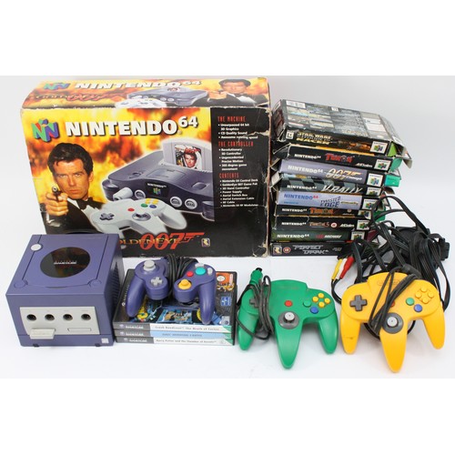 A boxed Nintendo 64 007 Golden Eye bundle, with 9 boxed Nintendo 64 games to include Turok 2, Turok 3, Turok Rage Wars, Star Wars Episode I Racer, Perfect Dark, Wipeout 64 and others. To also include a Nintendo Gamecube and 3 games. (1 box)