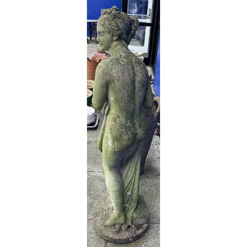 6 - A reconstituted stone garden statue of Pandora on a square base 119cm high, base 33cm x 33cm.&nbsp;