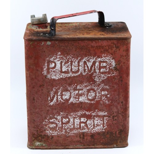A vintage PLUME MOTOR SPIRIT two gallon can, small letter, with unbranded brass cap.