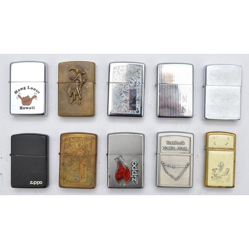 A selection of ten Zippo pocket cigarette lighters, various styles finished in brass, chrome and brushed stainless steel, petrol operated. (10)