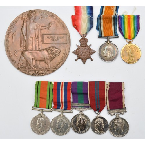 WWI-WWII Casualty Officer's Family group of nine medals, to include the Death plaque together with the 1914 Mons star, War and Victory medals presented to 48338/2nd Lieutenant Alfred John Hunt 30th Battery R.F.A, together the mounted group of five to include the Defence, War, George VI General Service clasped 'Malaya', 1953 Jubilee and Regular Army Long Service with Good Conduct presented to Major/2649427. W. O. CL. II. H. C. Hunt. Coldstream Guards.