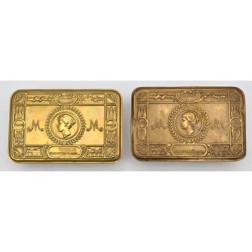Two WWI brass Queen Mary 1914 Christmas tins, 13 x 8.5cm.