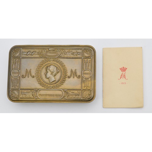 A WWI brass Queen Mary 1914 Christmas tin, 13 x 8.5cm, together