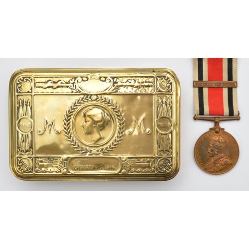 A WWI brass Queen Mary 1914 Christmas tin, 13 x 8.5cm, together