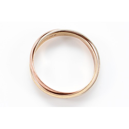 8 - A 9ct tri-colour gold interlocking band ring , Sheffield 1994, N, 3g