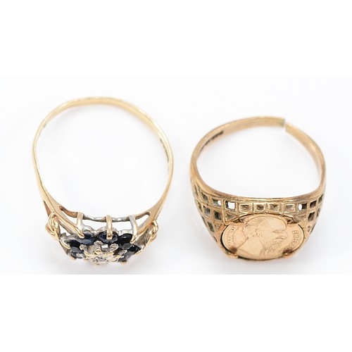 13 - A 9ct gold coin signet ring, band has been cut, J, with a 9ct gold sapphire and diamond cluster ring... 