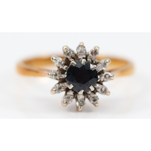 14 - An 18ct gold sapphire and single cut diamond cluster ring, London 1966, L 1/2, 3.3g