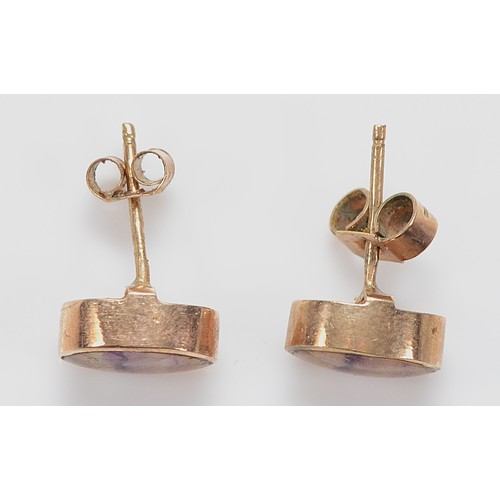 19 - A pair of 9ct gold Blue John earrings with scroll backs, 1.7g