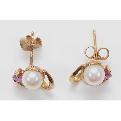 24 - A pair of 9ct gold cultured pearl and pink sapphire earrings with scroll backs, 1.6g