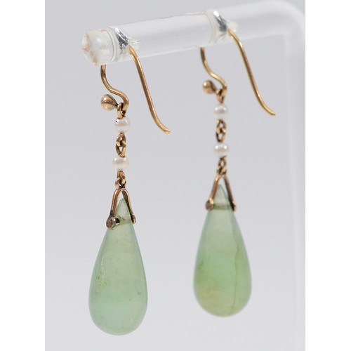 35 - A pair of unmarked 9ct gold jade and seed pearl hook earrings, 30mm drop, 4.1g