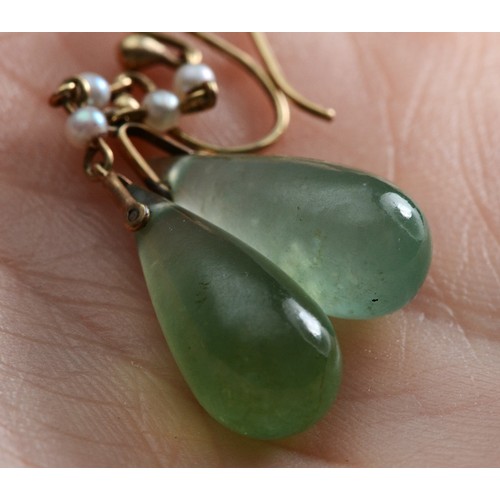 35 - A pair of unmarked 9ct gold jade and seed pearl hook earrings, 30mm drop, 4.1g