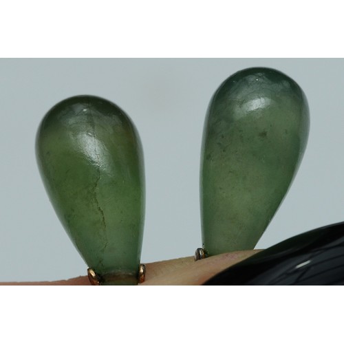 35 - A pair of unmarked 9ct gold jade and seed pearl hook earrings, 30mm drop, 4.1g