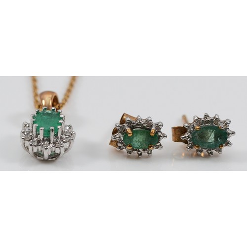 41 - A pair of 9ct gold emerald and diamond cluster earrings with scroll backs, with a matching pendant, ... 