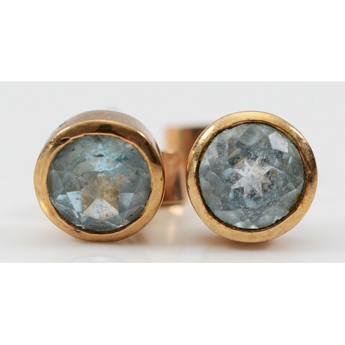 46 - A pair of 9ct gold aquamarine earrings with scroll backs, 6mm, 1.9g