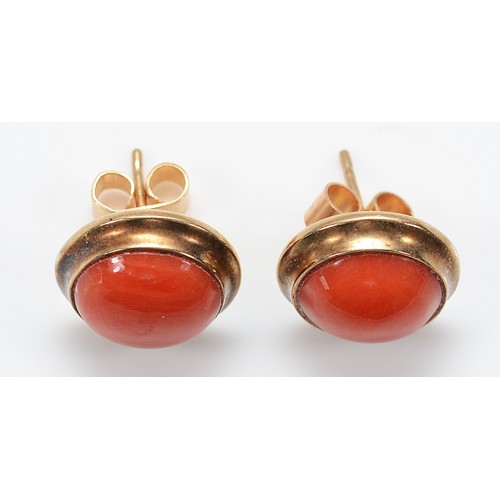 48 - A pair of 9ct gold coral earrings with scroll backs, 12mm, 4g