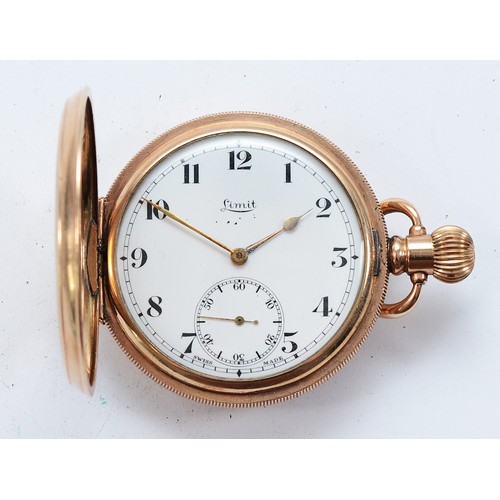 Limit, a gold plated full hunter key-less wind pocket watch, white enamel dial with Arabic numerals, diameter 50mm.