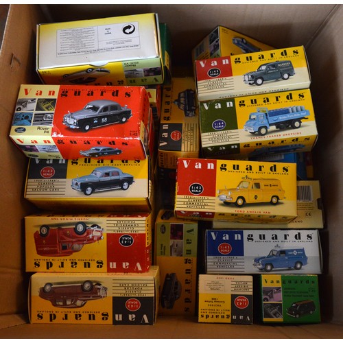 A collection of various boxed Vanguards diecast vehicles, including Classic Commercials and promotional vehicles, in one box.