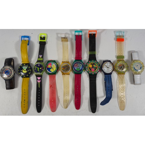 10 Swatch watches, predominately quartz movements in one bag. (10)
