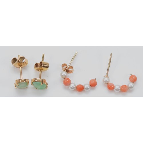 8 - A pair of 9ct gold coral and seed pearl beaded half hoop earrings, 0.6g, with a pair of unmarked gol... 