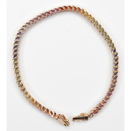 13 - A 9ct gold vari hue sapphire bracelet, 19cm, 9.4g