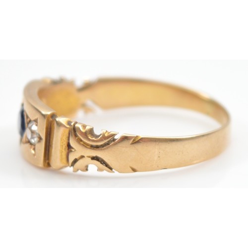 18 - A 15ct gold sapphire and old brilliant cut diamond three stone ring, hallmarks worn, P, 3.2g