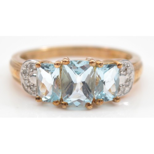 19 - A 9ct gold blue topaz and single cut diamond dress ring, P, 3.2g