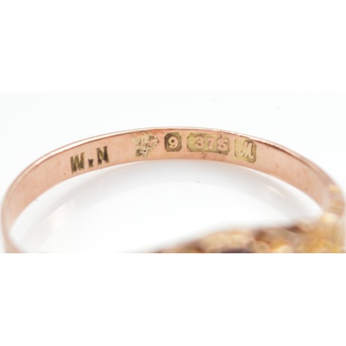 22 - A 9ct gold garnet and seed pearl dress ring, Chester 1912, Hallmarks are worn, Q, 2g