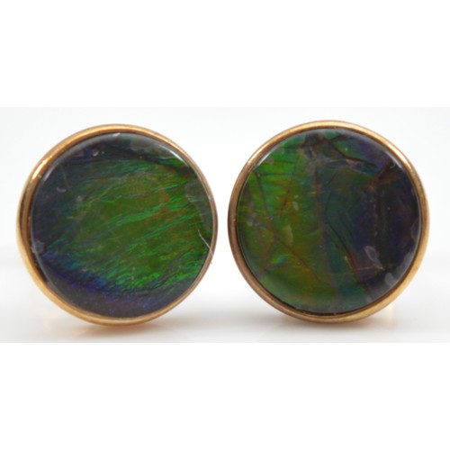 27 - A pair of 9ct gold ammolite circular earrings, with a matching ammolite and sapphire pendant, 3.3g
