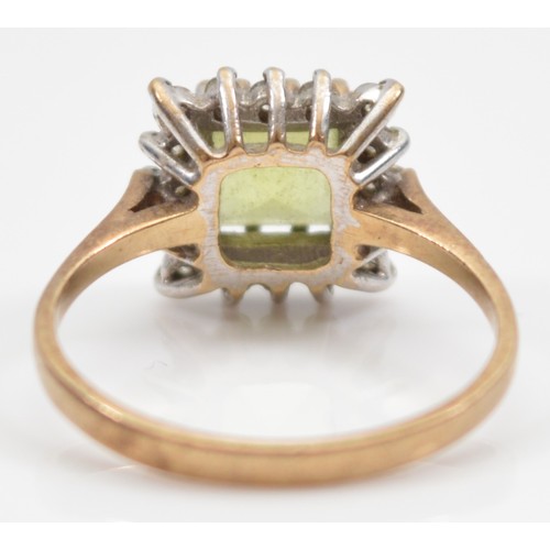 34 - A 9ct gold peridot and brilliant cut diamond square cluster ring, London 2004, K, 2.1g