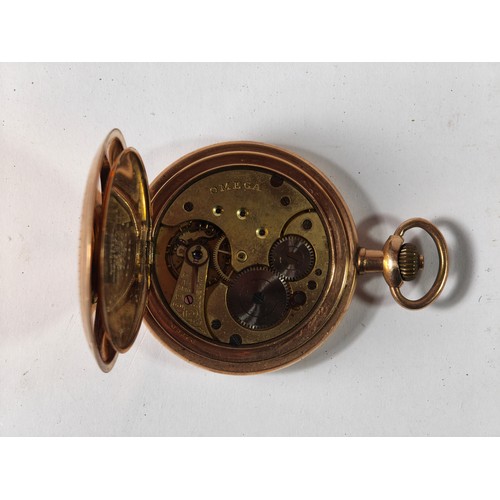 1 - Omega, a gold plated full hunter key-less wind pocket watch, white enamel dial with Arabic numerals,... 
