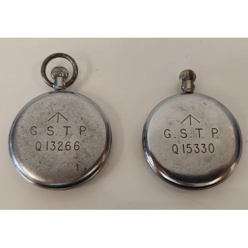 36 - Military, two open face key-less wind pocket watches, back cases stamped, 'G.S.T.P, Q 13266' and G.S... 