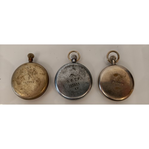 38 - Military, three open face key-less wind pocket watches including, Orator Watch Co, back case stamped... 