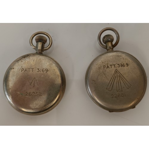 39 - Military, two key-less wind 60 second stop watches, back cases stamped 'Patt.3169, 22881' and 'Patt ... 