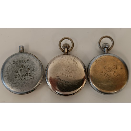 41 - Military, three open face key-less wind pocket watches including, Orator Watch Co, back case stamped... 
